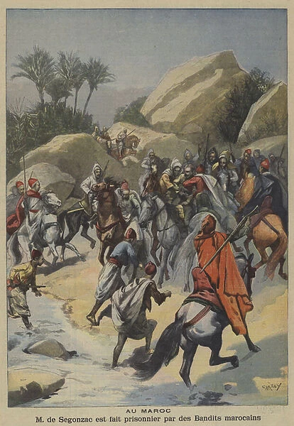 Capture of French soldier Rene de Segonzac by bandits in Morocco (colour litho)