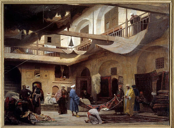 The carpet bazaar in the Khan-Khabil in Cairo in 1866. Painting by Louis Claude Mouchot
