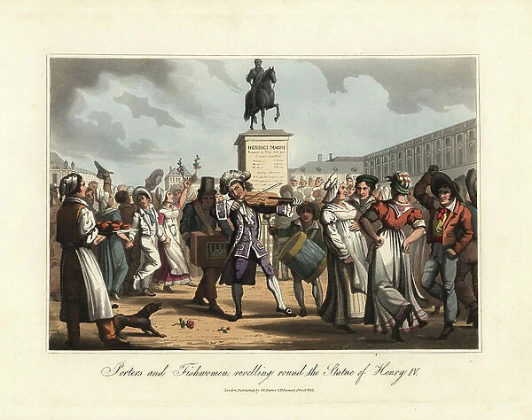 Carriers and fishonnieres of the Marche des Halles dancing around the statue of Henry IV, in the centre, the Marquis veiled as a noble, plays the violin, followed by a drum and an organist - Eau forte after an illustration by Victor Auver