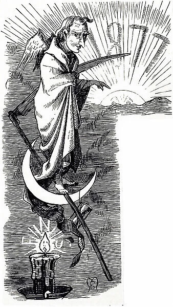 A cartoon depicting Father Time welcoming in the year 1877, 19th century