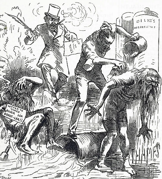 Cartoon depicting the Thames and the Lea Rivers being attacked because of their filthy condition