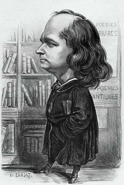 Cartoon by Etienne Carjat of Charles Marie Leconte, said Leconte de Lisle (1818-1894) French poet, photo by Nadar, engraving