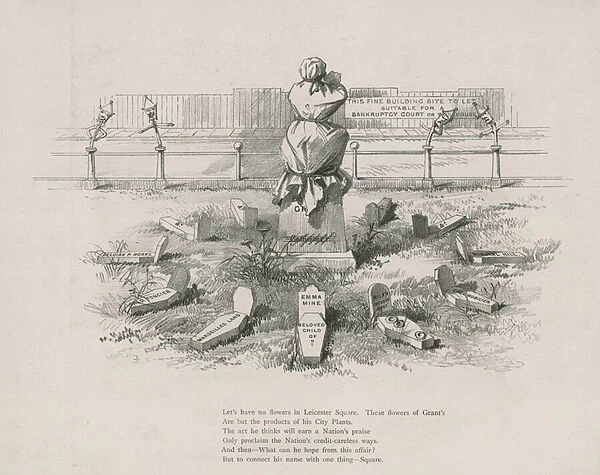 Cartoon, satire on Albert Grant, the graves representing his shady speculations (engraving)