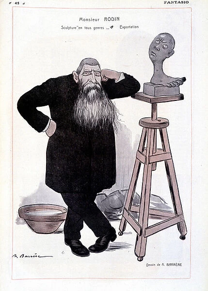 Cartoon by the sculptor Auguste Rodin represented in his workshop in 'Fantasio'