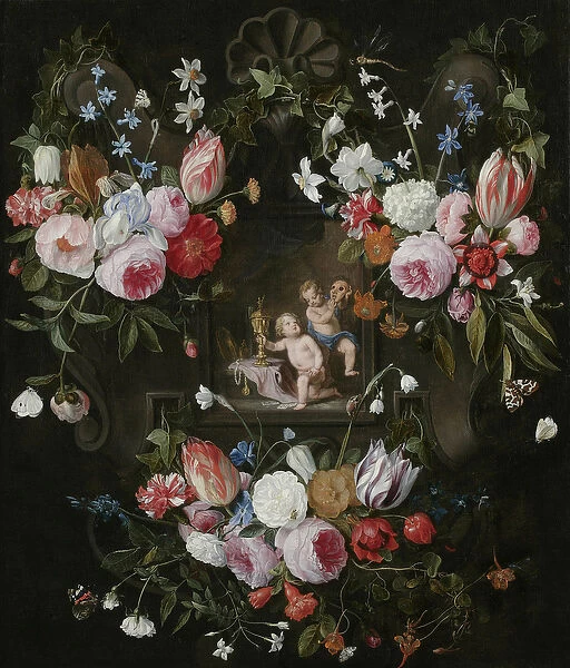 A Cartouche Still Life of Flowers Around an Allegorical Image of Putti with Costly