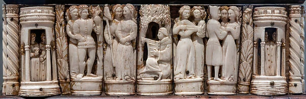 Casket with paired figures, detail with musician and couples, 1360-80 (bone and different kinds of wood)
