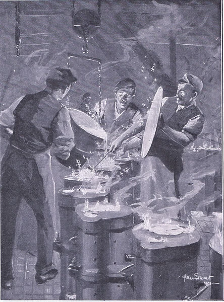 Casting shells at the Royal Arsenal, Woolwich for the big guns in South Africa, from After Pretoria: The Guerilla War published by Harmsworth Bros Limited, 1901 (litho)