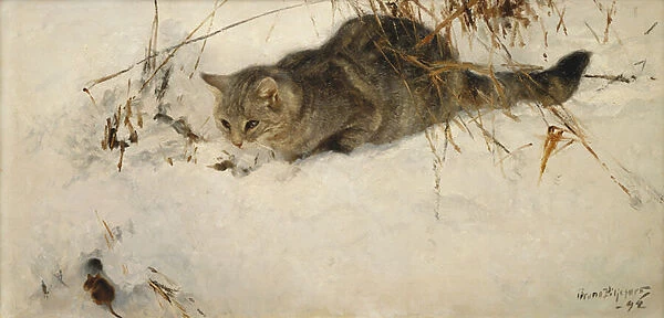 A Cat Stalking a Mouse in the Snow, 1892 (oil on canvas)