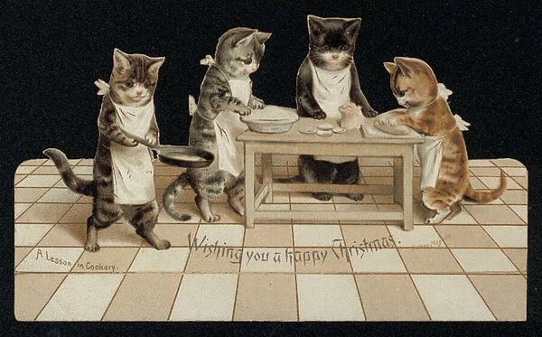 Cats cooking, Christmas card (chromolitho)