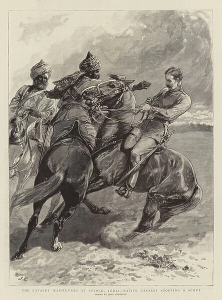 The Cavalry Manoeuvres at Attock, India, Native Cavalry stopping a Scout (engraving)