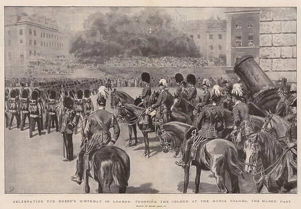 Celebrating the Queens Birthday in London, Trooping the Colour at the Horse Guards, the March Past (litho)