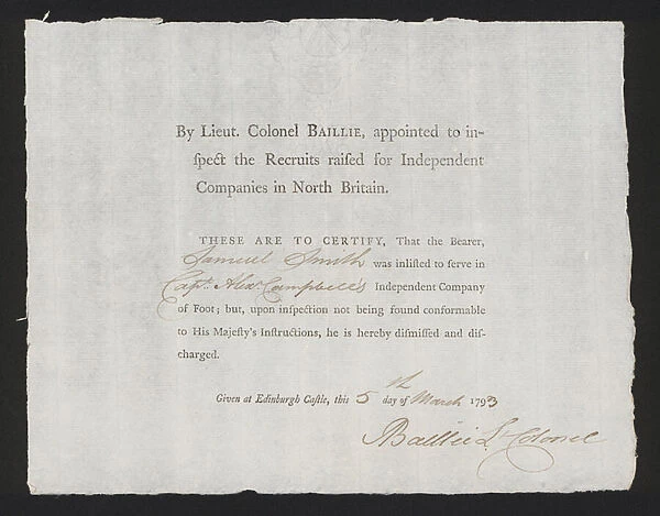 Certificate of discharge of a Samuel Smith from Captain Alexander Campbells Independent Company of Foot, Edinburgh Castle, 5 March 1793 (litho)
