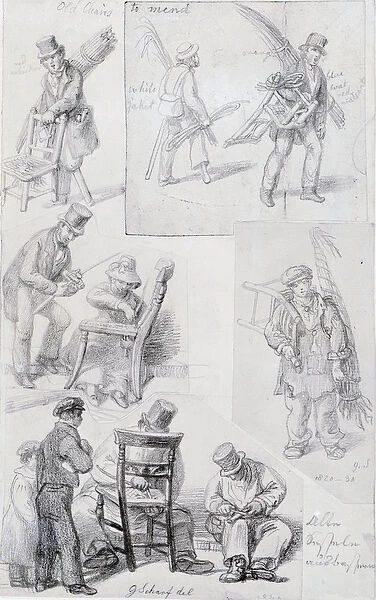 Chair menders on the streets of London, 1820-30 (pencil on paper)