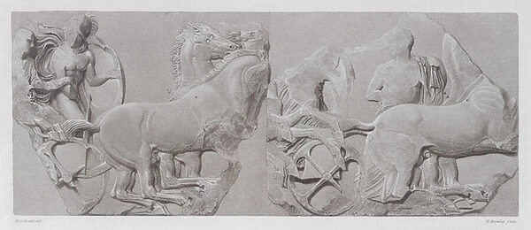 Chariots, ancient Greek marble relief from the Parthenon Frieze (engraving)