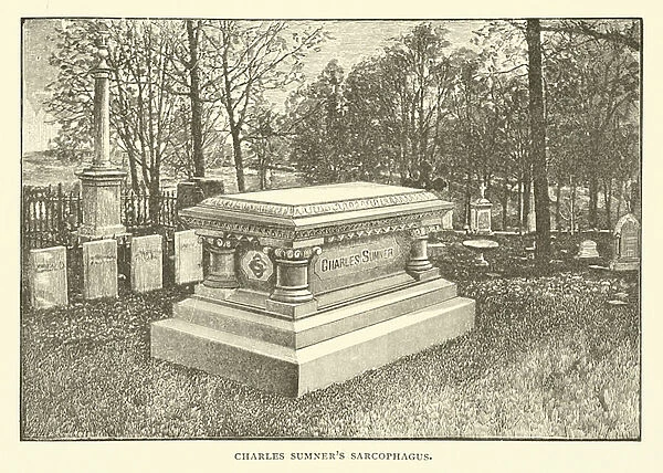 Charles Sumners sarcophagus, Mount Auburn Cemetery, Cambridge Massachusetts (engraving)