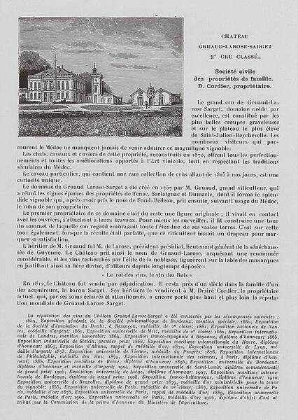 Chateau Gruaud-Larose-Sarget, 2e Cru Classe, Societe civile des proprietes de famille, D Cordier, proprietaire (b / w photo)