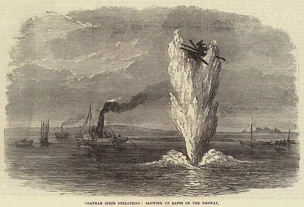 Chatham Siege Operations, Blowing up Rafts on the Medway (engraving)