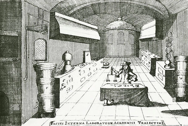 Chemical laboratory. 19th century (engraving)