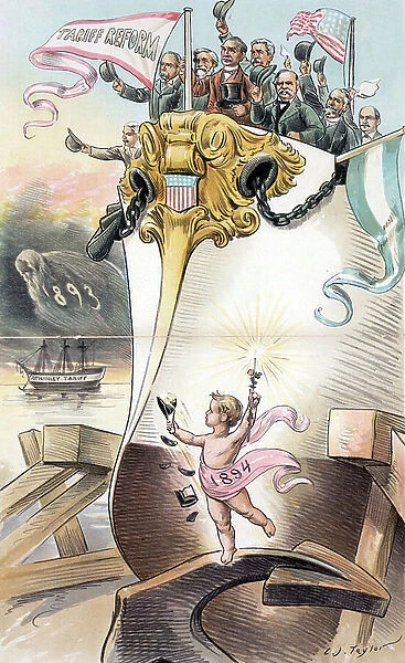 A cherub labelled '1894' smashing a bottle of champagne as he launches a large, modern ship, the Ship of State, 1893