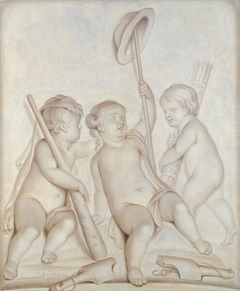 The Three Cherubs (grisaille), Putti with the attributes to Hercules and Mercury, 1767