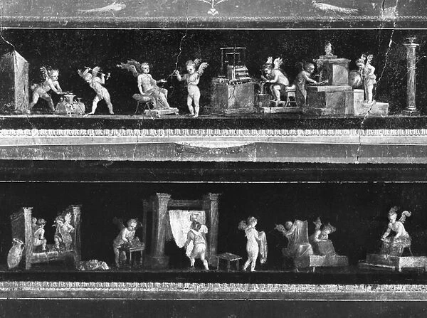 Cherubs making money and dyeing cloth, frieze from the Oecus of the Casa dei Vettii (House of the Vettii) c. 50-79 AD (fresco) (b  /  w photo)