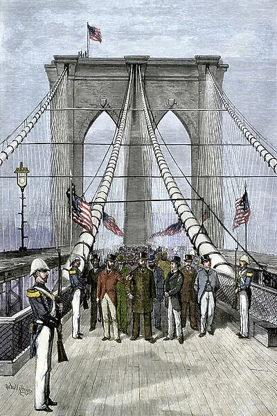 Chester Alan Arthur (1829-1886), American politician presiding over the opening of the Brooklyn Bridge, 1883. Colour engraving of the 19th century