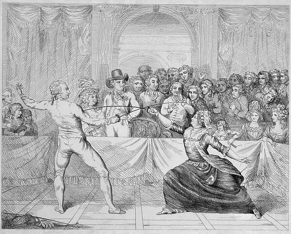 The Chevalier d Eon, dressed as a woman, in a fencing match (engraving)