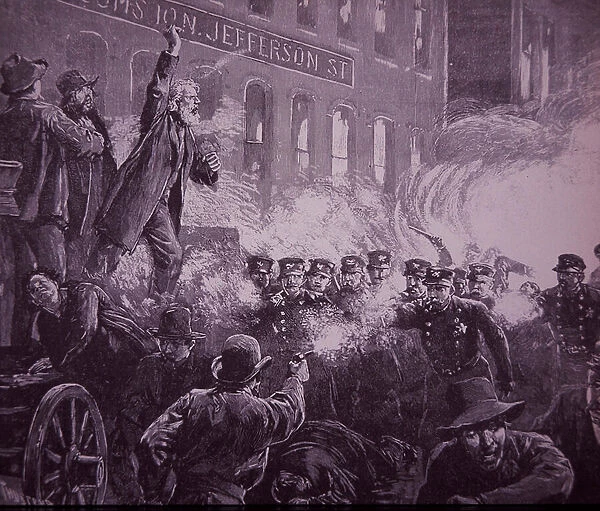 Chicago Haymarket Labor Riot of 1886, engraving published in Harpers Weekly