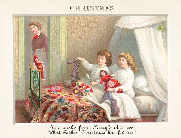 Chidren emptying stockings on Christmas Morning, Christmas Card (chromolitho)
