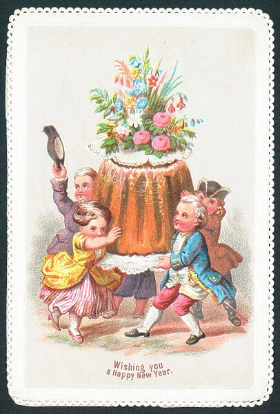 Child aristocrats carrying pudding, New Year Card (chromolitho)