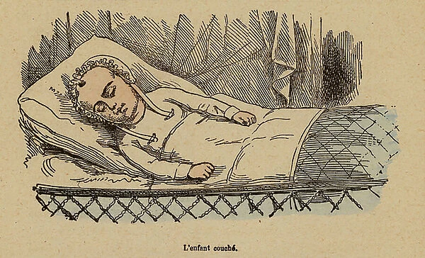Child asleep in bed (coloured engraving)