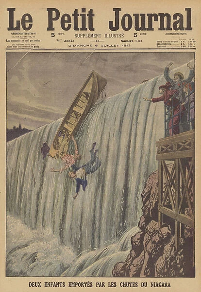 Two children carried over Niagara Falls to their death (colour litho)