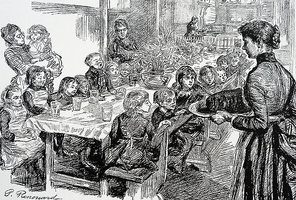 Children getting free dinners in Stepney, the London School Dinner Association formed. 1889 (engraving)