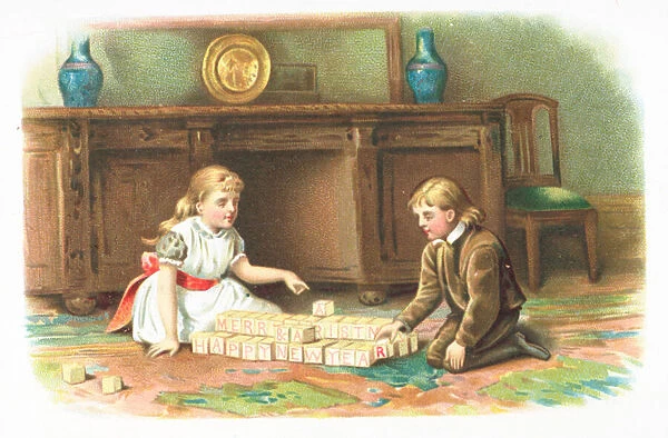 Children playing with building blocks on floor, Christmas Card (chromolitho)