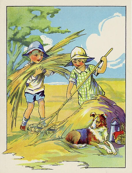 Children protecting their pet dog from the hot sun (colour litho)