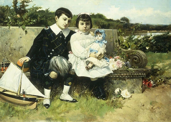Two Children Seated on a Park Bench, 1882 (oil on canvas)