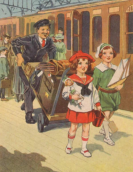 Children travelling by train for the holidays (colour litho)