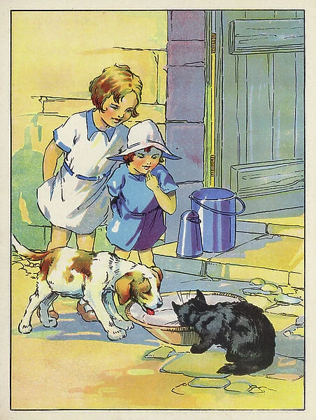 Children watching a cat and a dog drinking from a bowl of water (colour litho)