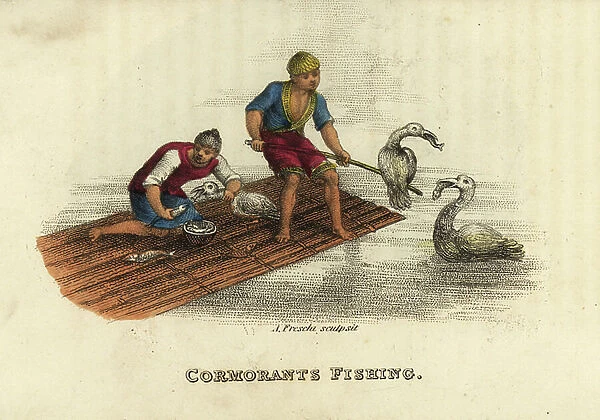 Chinese men cormorant fishing on a raft in the river, Qing Dynasty. Fishing cormorant, Phalacrocorax carbo sinensis. Handcoloured copperplate engraving by Andrea Freschi after Antoine Cardon from Henri-Leonard-Jean-Baptiste Bertin
