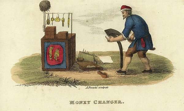 Chinese money changer cutting silver ingots into different sizes for payment, Qing Dynasty. Handcoloured copperplate engraving by Andrea Freschi after Antoine Cardon from Henri-Leonard-Jean-Baptiste Bertin and Jean Baptiste Joseph Breton's China