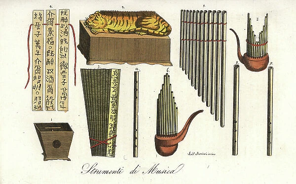 Chinese musical instruments: zhu 1, yu in the shape of a tiger 2, paiban 3, free-reed bamboo sheng 5,6, bamboo pipes 7, flutes or dizi 8,9,10. Handcoloured copperplate engraving by Andrea Bernieri from Giulio Ferrario's Costumes Antique
