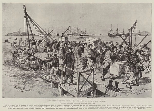 The Chinese Question, Germans landing Stores at Tsingtan for Kiao-Chau (engraving)