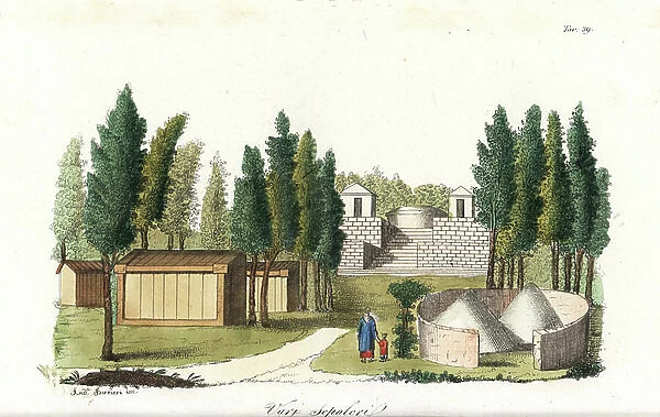 Chinese tombs in a cemetery. Handcoloured copperplate engraving by Andrea Bernieri from Giulio Ferrario's Ancient and Modern Costumes of all the Peoples of the World, 1843
