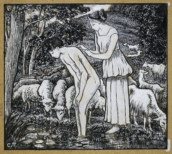 Chloe washing Daphnis at a stream, compositional study for an illustration to