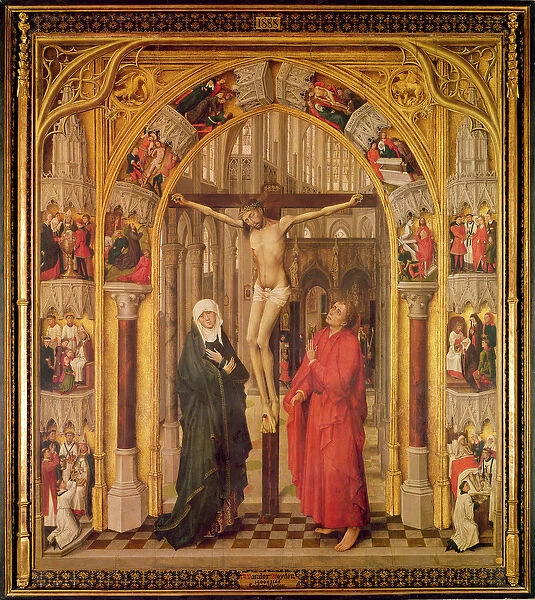 Christ on the Cross, with the Virgin Mary and Saint John under an archway with Gothic