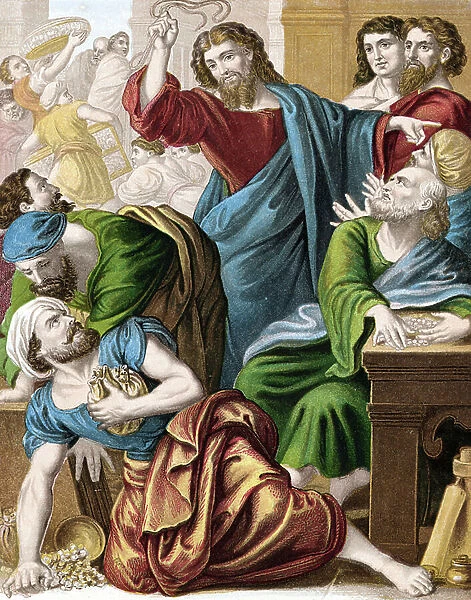 Christ driving the money changers out of the Temple. Matthew:21. Mid-19th century (chromolithograph)