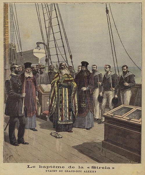 The christening of the Strela, the yacht of Grand Duke Alexis of Russia (colour litho)