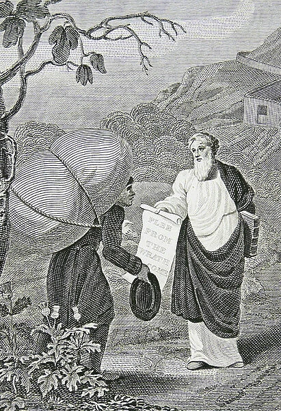 Christian, the Pilgrim of the title, meets Evangelist