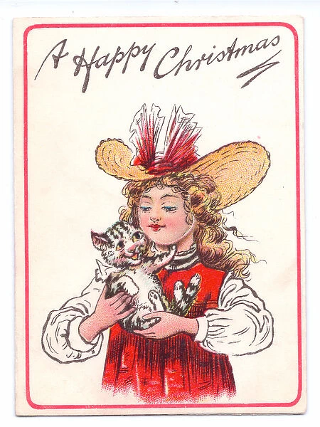 A Christmas card of a girl in a straw hat holding a kitten, c. 1910 (colour litho)