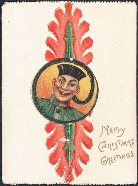 Christmas card with an image of an Oriental man (colour litho)